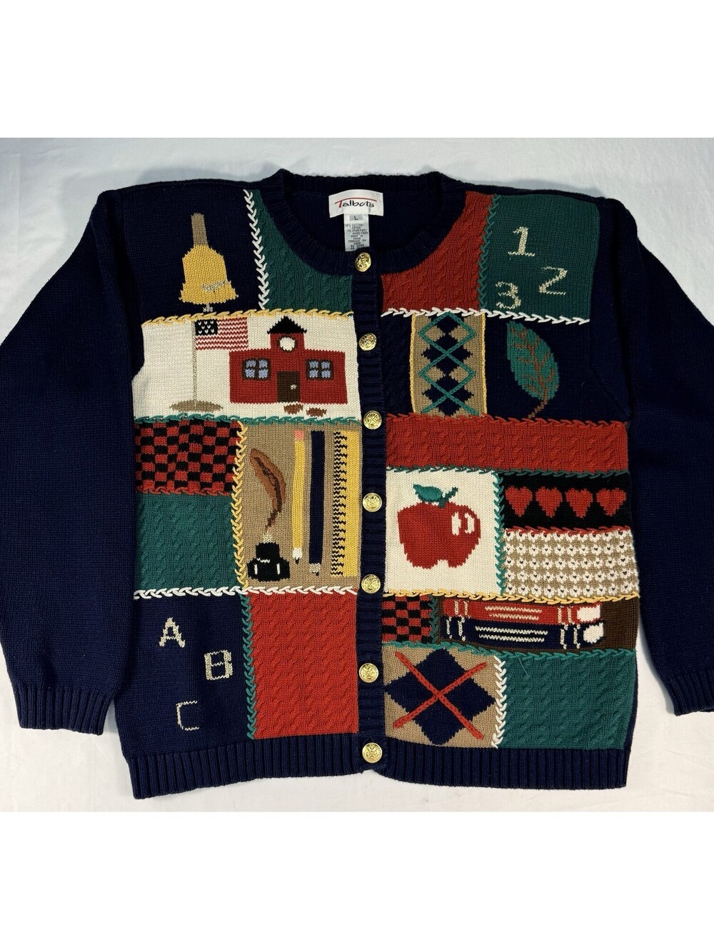 Vtg Talbots Women's Cardigan Sweater Teacher Blue ABCs SchooApple GrandmaSz Lrg
